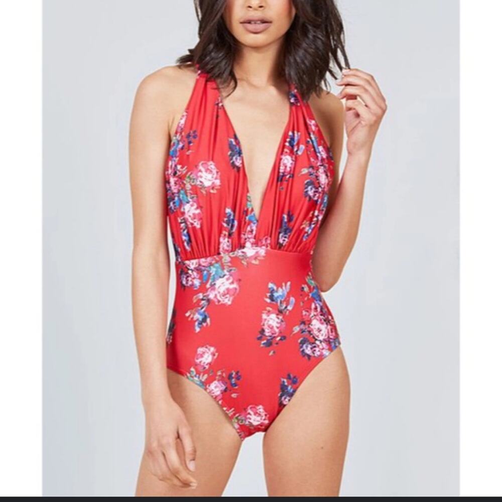 ModCloth Lauren Red Retro Floral Low Back One Piece Swimsuit Women’s